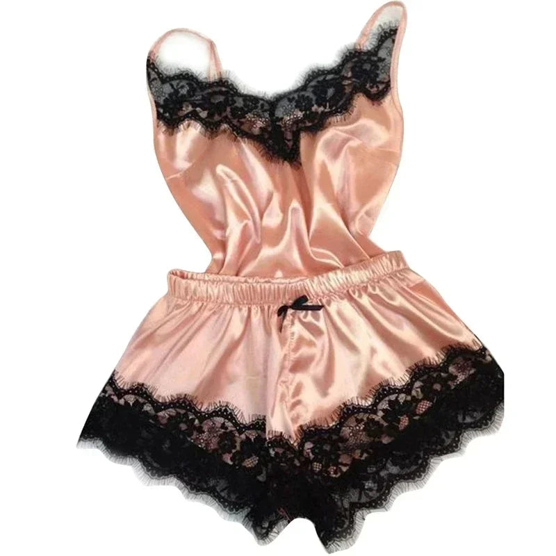 Summer Lace Silk Pajama Set for Women Sleepwear